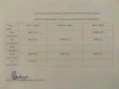 CUSTECH 100Level First Semester Continous Assessment Timetable, 2022/2023 session