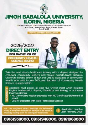 Jimoh Babalola University Direct Entry admission into Community Health Science, 2026/2027