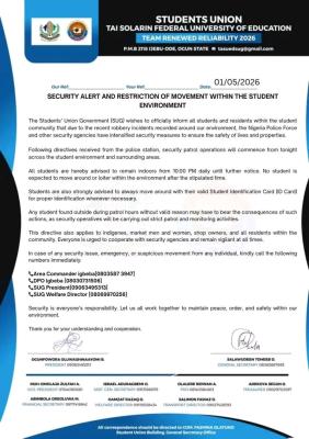 TASFUED SUG alerts students on insecurity, restricts movement in Students environment