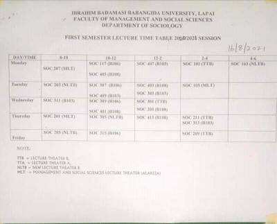 IBBU first semester lecture timetable for 2020/2021 session