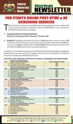 FUDUTSE Post-UTME/DE 2024: Cut-off mark, Eligibility and Registration Details