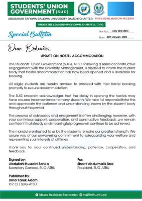 ATBU Students’ Union announces commencement of hostel accommodation booking