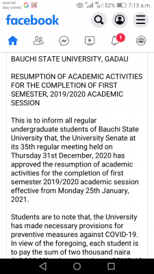 BASU resumption date for completion of 1st semester, 2019/2020 session