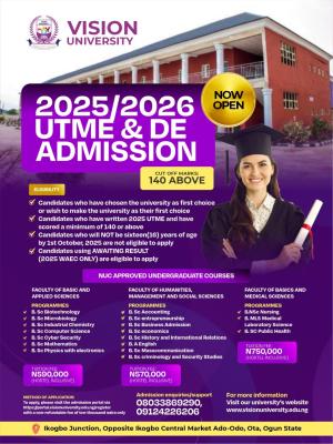Vision University Post-UTME/DE 2025: Eligibility and Registration Details