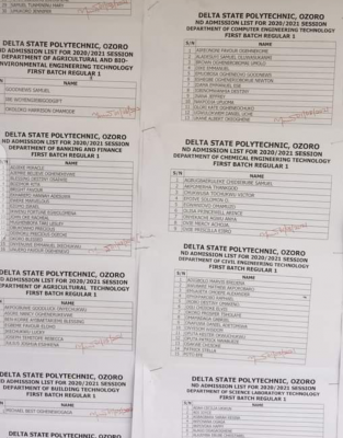 Delta State Poly, Ozoro ND1 regular 1st Batch admission list, 2020/2021