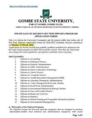 GSU Part-Time Diploma Admission, 2022/2023