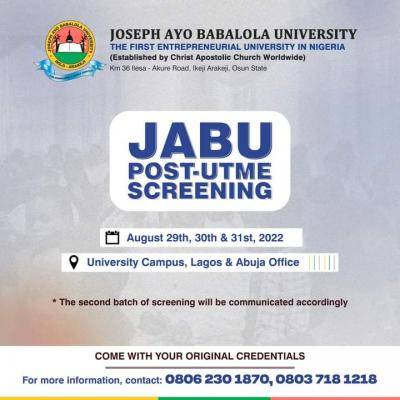 JABU notice on Post-UTME screening date for 2022/2023 session