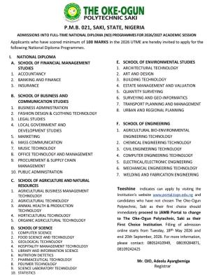 The Oke-Ogun Poly Post-UTME 2026: Cut off, Eligibility and Registration details