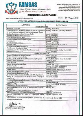 FAMSAS College of Health Science & Tech approved academic calendar, 2023/2024