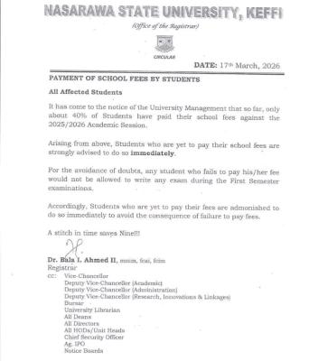 NSUK notice to students on payment of School Fees