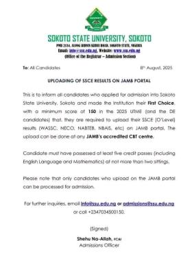 SSU issues notice to prospective students on upload of O'Level results on the CAPS