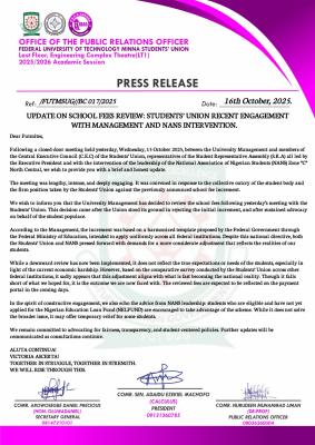 FUTMINNA SUG notice to students on school fees review