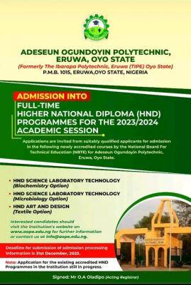 AOPE admission into newly accredited  full-time HND Programmes, 2023/2024