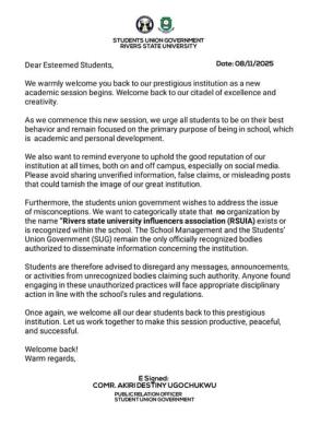 RSUST SUG welcomes students back on campus, warns against unrecognized associations