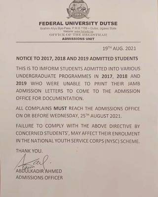 FUDutse notice to students admitted in 2017, 2018 and 2019 academic session