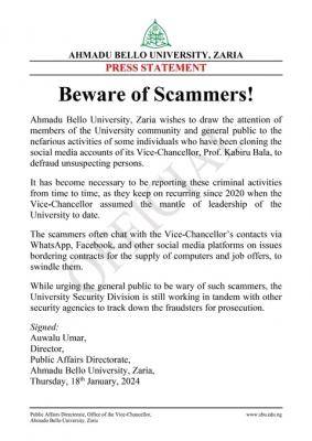 ABU alerts the general public of scammers