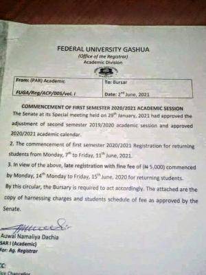 FUGashua notice on commencement of first semester, 2020/2021