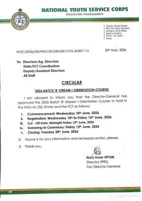 NYSC releases official timetable for 2026 Batch 'B' Stream I Orientation Course