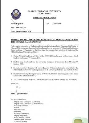 OOU announces resumption of academic activities