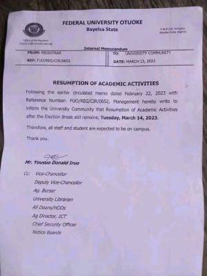FUOTUOKE notice on resumption of academic activities
