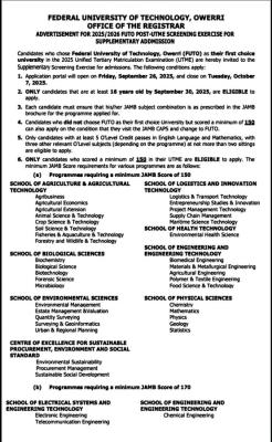 FUTO supplementary admission form, 2025/2026