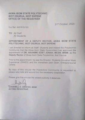 Akwa Ibom State Polytechnic appoints new Deputy Rector