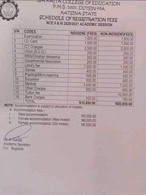 Isa Kaita College of Education NCE II &III schedule of registration fees,2020/2021