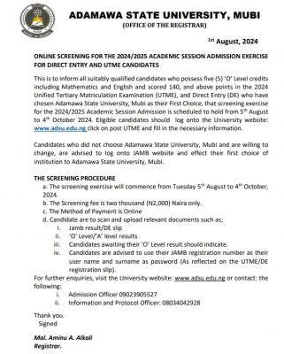 ADSU Post-UTME/DE 2024: Cut-off mark, Eligibility and Registration Details