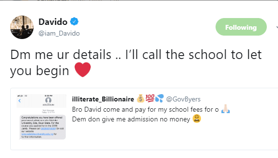 Davido's Response To Twitter User Who Requested For School Fees Will Amaze You