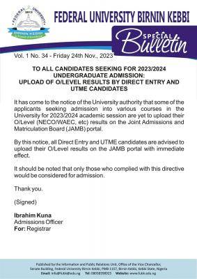 FUBK notice to all candidates on uploading of o level results, 2023/2024
