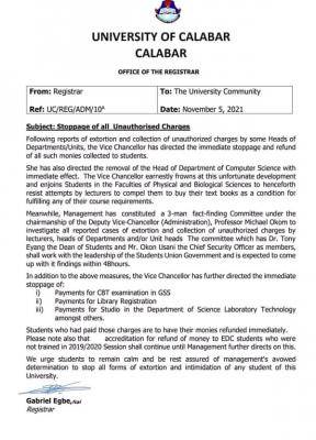 UNICAL notice on stoppage of all unauthorised charges on campus