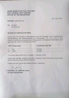 Akwa Ibom State Poly notice on review of certificate fees