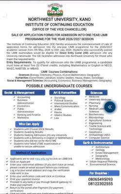 Northwest University, Kano releases IJMB Admission form, 2026/2027