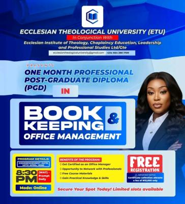 Ecclesian Theological University One-Month PGD in Bookkeeping and Office Management