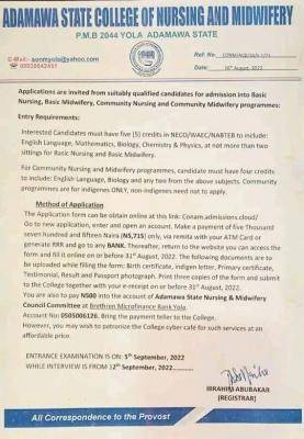 Adamawa College of Nursing & Midwifery Admission Form 2022/2023