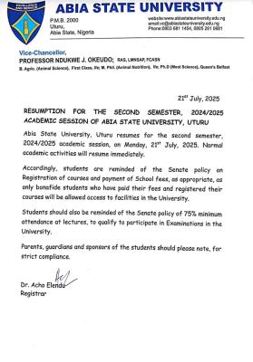 ABSU announces resumption of 2nd semester, 2024/2025