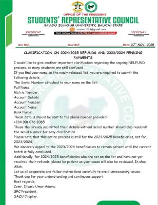 SAZU Students’ Representative Council notice to students