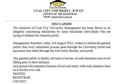 Coal City University disclaimer notice on admission
