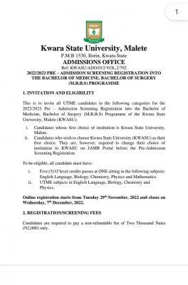 KWASU Announces Screening For MBBS Programme In 2022/2023 Session