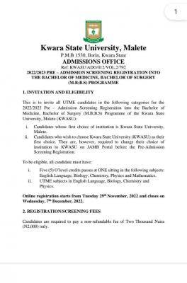 KWASU announces admission screening for MBBS programme, 2022/2023