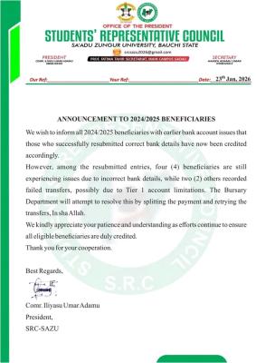 SAZU SRC notice to 2024/2025 NELFUND beneficiaries