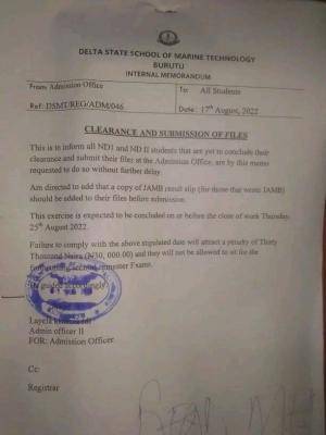 DESOMATECH notice to students on clearance and submission of files