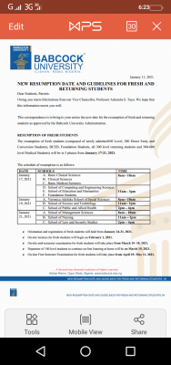 Babcock University new resumption date and guidelines for fresh and returning students, 2020/2021 session