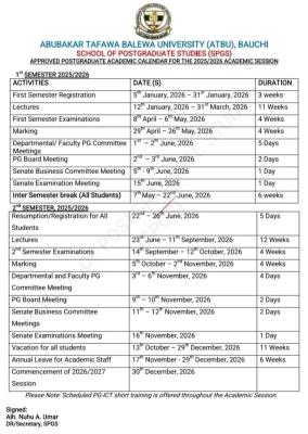 ATBU Postgraduate Academic Calendar, 2025/2026