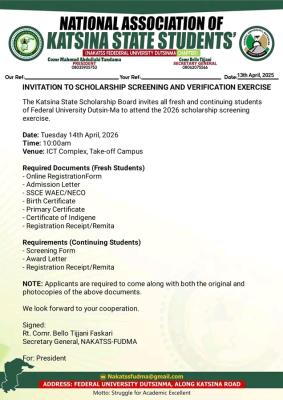 Katsina State Scholarship Board Announces Screening Exercise for FUDMA Students