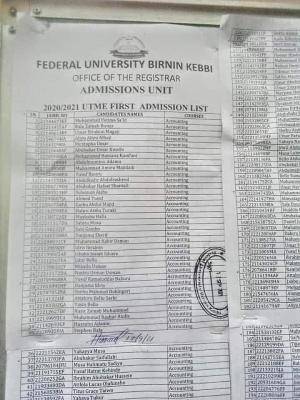 FUBK admission list, 2020/2021 out on school notice board