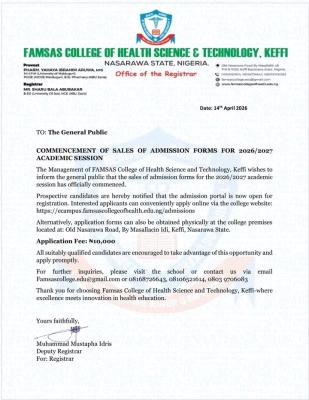 FAMSAS College of Health Science & Technology announces 2026/2027 admissions