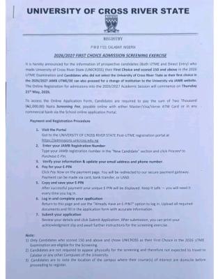 CRUTECH Post-UTME/DE 2026: Cut-off mark, Eligibility and Registration Details