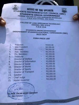 FECOLART notice of Independent Students Electoral Commission form price list, 2023/2024
