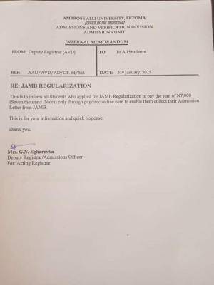 AAU, Ekpoma notice on JAMB regularisation